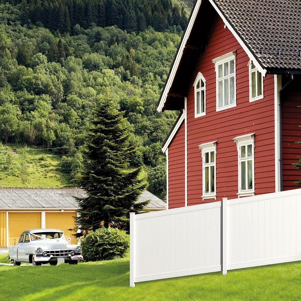 Veranda Pro Series 5 in. x 5 in. x 8 ft. White Vinyl Woodbridge Closed Picket Top Routed Line Fence Post