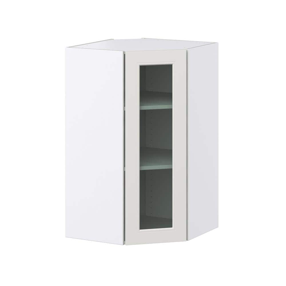 J COLLECTION 24 in. W x 40 in. H x 14 in. D Littleton Painted Light Gray Recessed Assembled GlassWall Diagonal Corner Kitchen Cabinet