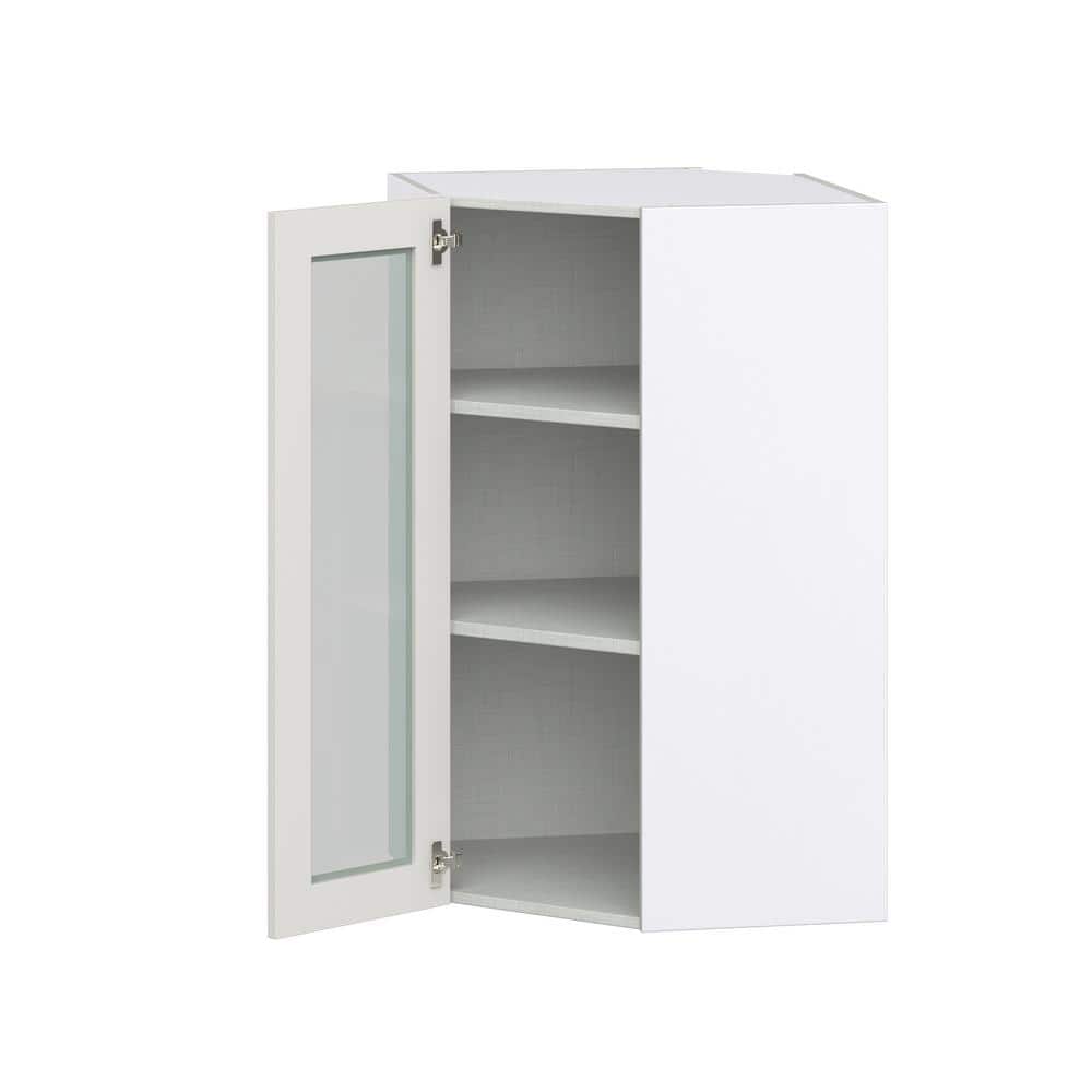 J COLLECTION 24 in. W x 40 in. H x 14 in. D Littleton Painted Light Gray Recessed Assembled GlassWall Diagonal Corner Kitchen Cabinet