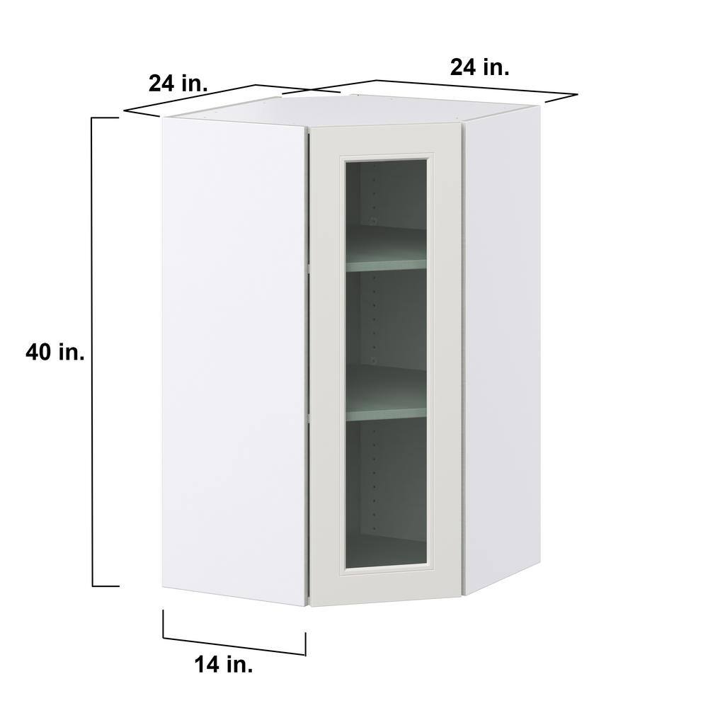 J COLLECTION 24 in. W x 40 in. H x 14 in. D Littleton Painted Light Gray Recessed Assembled GlassWall Diagonal Corner Kitchen Cabinet