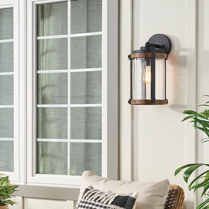 Kichler Barrington 16-in H Distressed Black and Wood Outdoor Wall Light, E26 Medium Base, Clear Seeded Glass