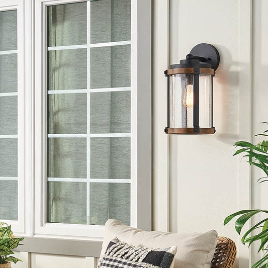 Kichler Barrington 16-in H Distressed Black and Wood Outdoor Wall Light, E26 Medium Base, Clear Seeded Glass