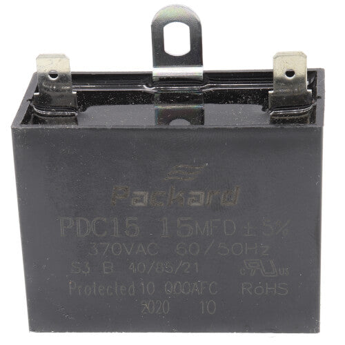 Packard PDC15 capacitor - front view (Voltage: 370V; MFD: 15)