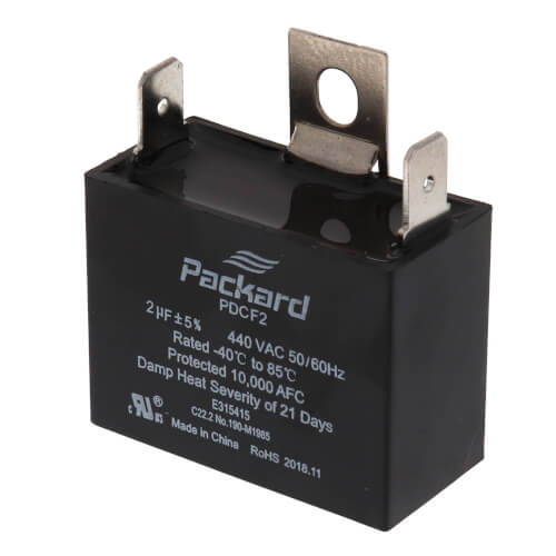 Packard PDCF2 capacitor - detail view (Voltage: 440v; MFD: 2)