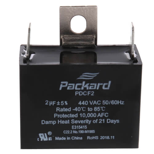 Packard PDCF2 capacitor - front view (Voltage: 440v; MFD: 2)