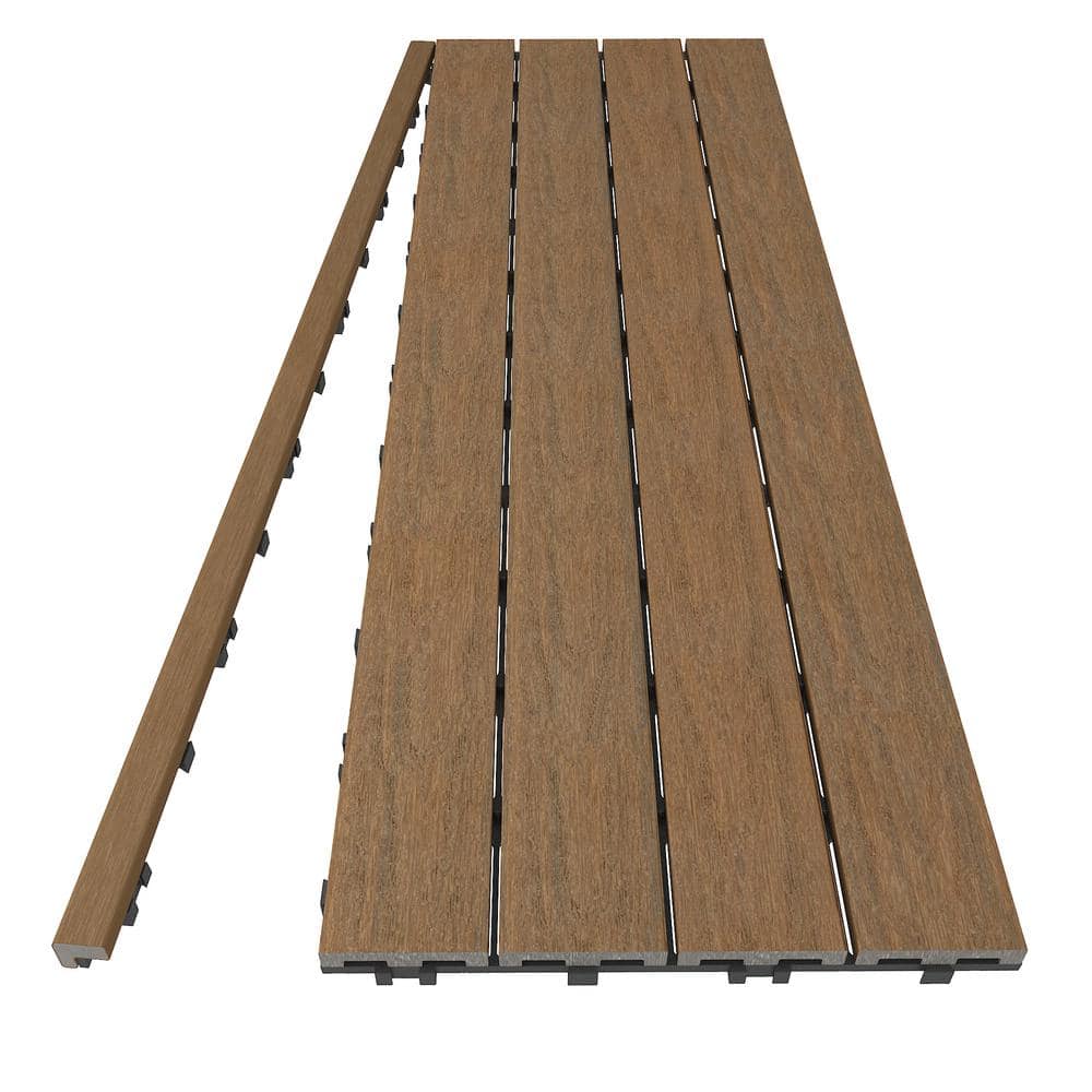 NewTechWood 1/12 ft. x 3 ft. Quick Deck Composite Deck Tile Straight Trim in Peruvian Teak (2-Pieces/Box)