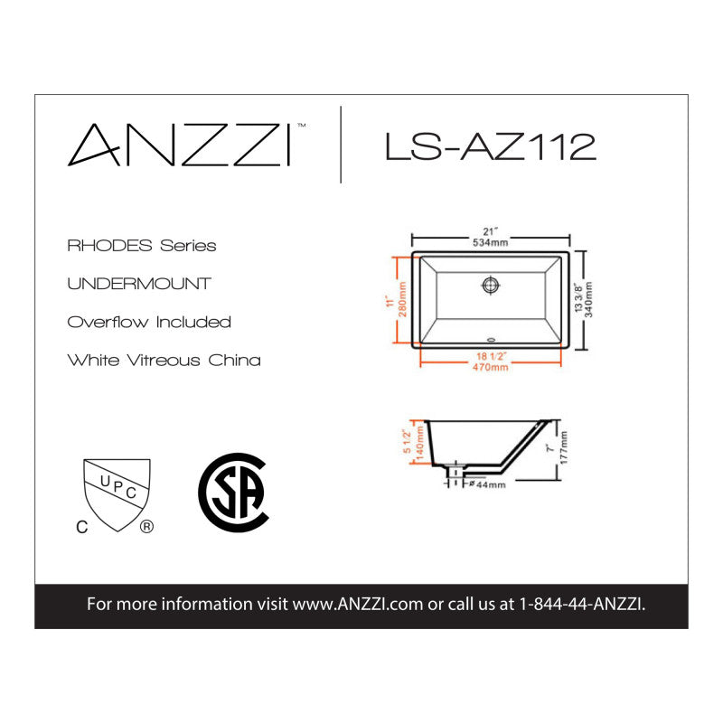ANZZI Rhodes Series 21 in. Ceramic Undermount Sink Basin in White