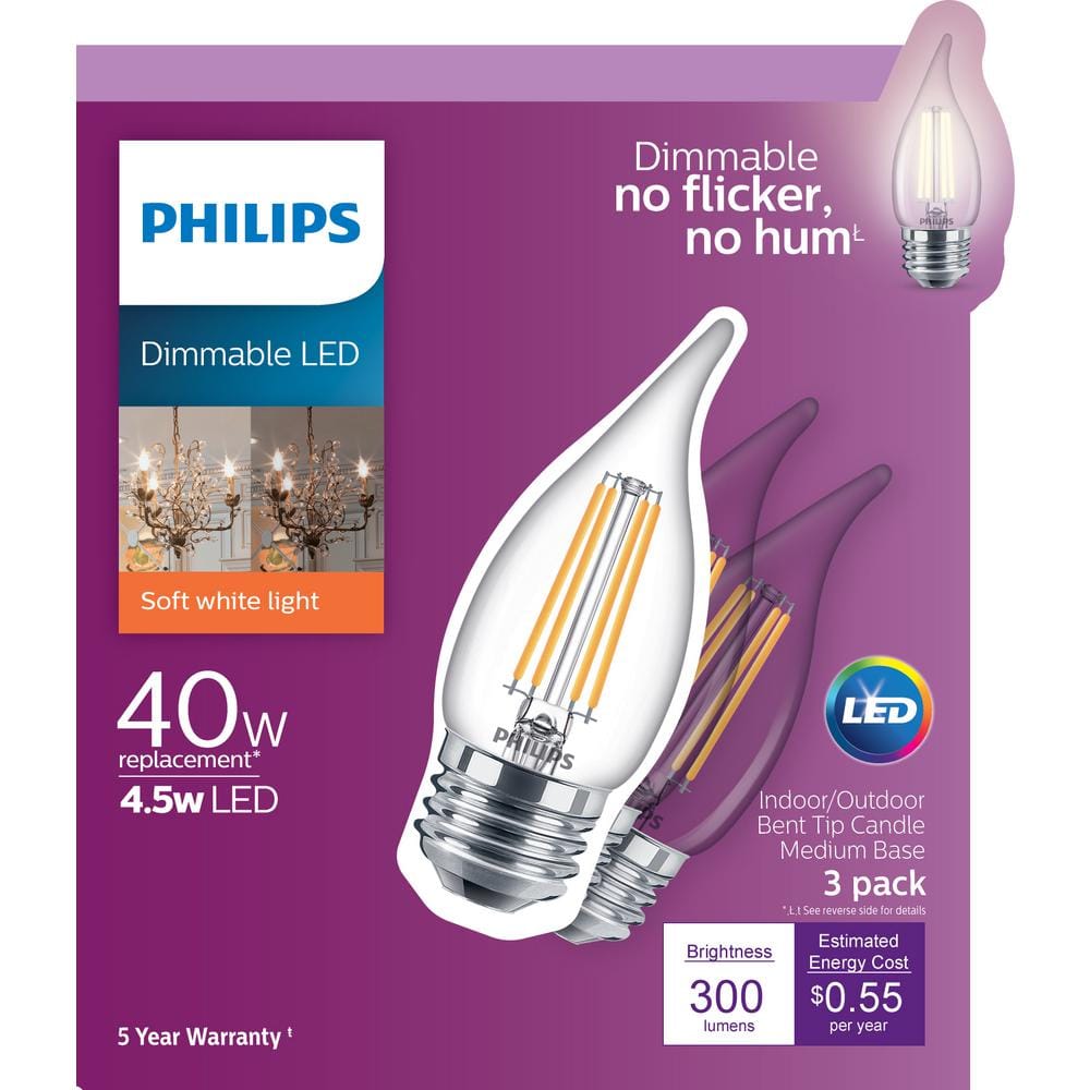 Philips 40-Watt Equivalent B11 Dimmable Edison LED Candle Light Bulb, Glass Bent Tip, Medium Base, Daylight (5000K), 6-Pack
