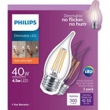 Philips 40-Watt Equivalent B11 Dimmable Edison LED Candle Light Bulb, Glass Bent Tip, Medium Base, Daylight (5000K), 6-Pack