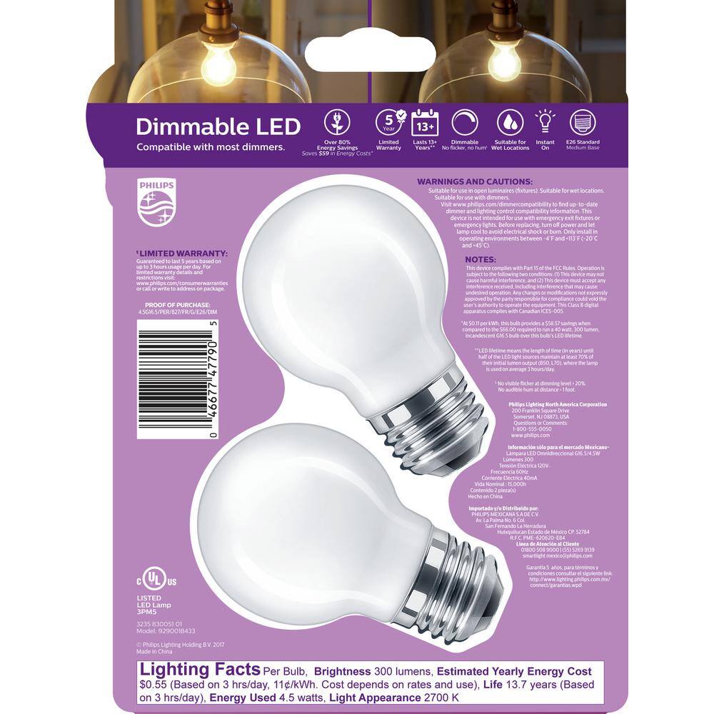 Philips 40-Watt Equivalent G16.5 Dimmable LED Light Bulb, Soft White Globe, 300 Lumens (2-Pack)