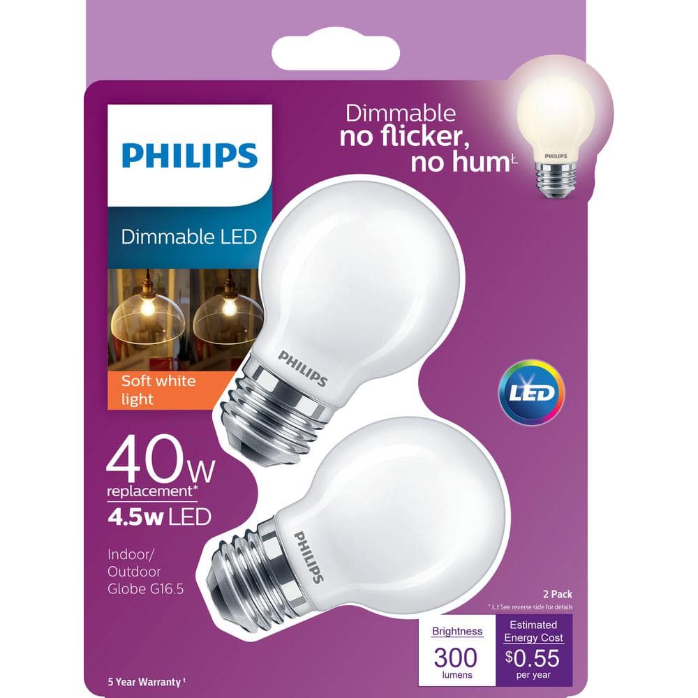 Philips 40-Watt Equivalent G16.5 LED Light Bulb Soft White Globe (2-Pack)
