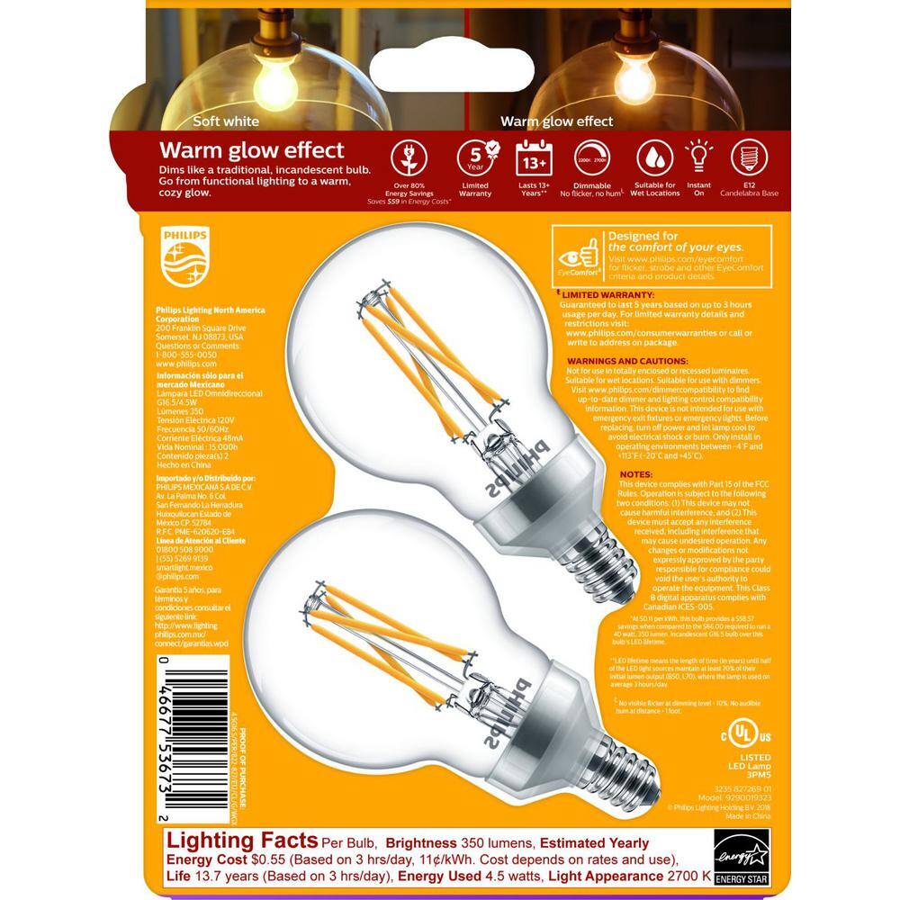Philips 40-Watt Equivalent G16.5 Dimmable Candelabra Base LED Light Bulb with Dimming Effect, Soft White (4-Pack)