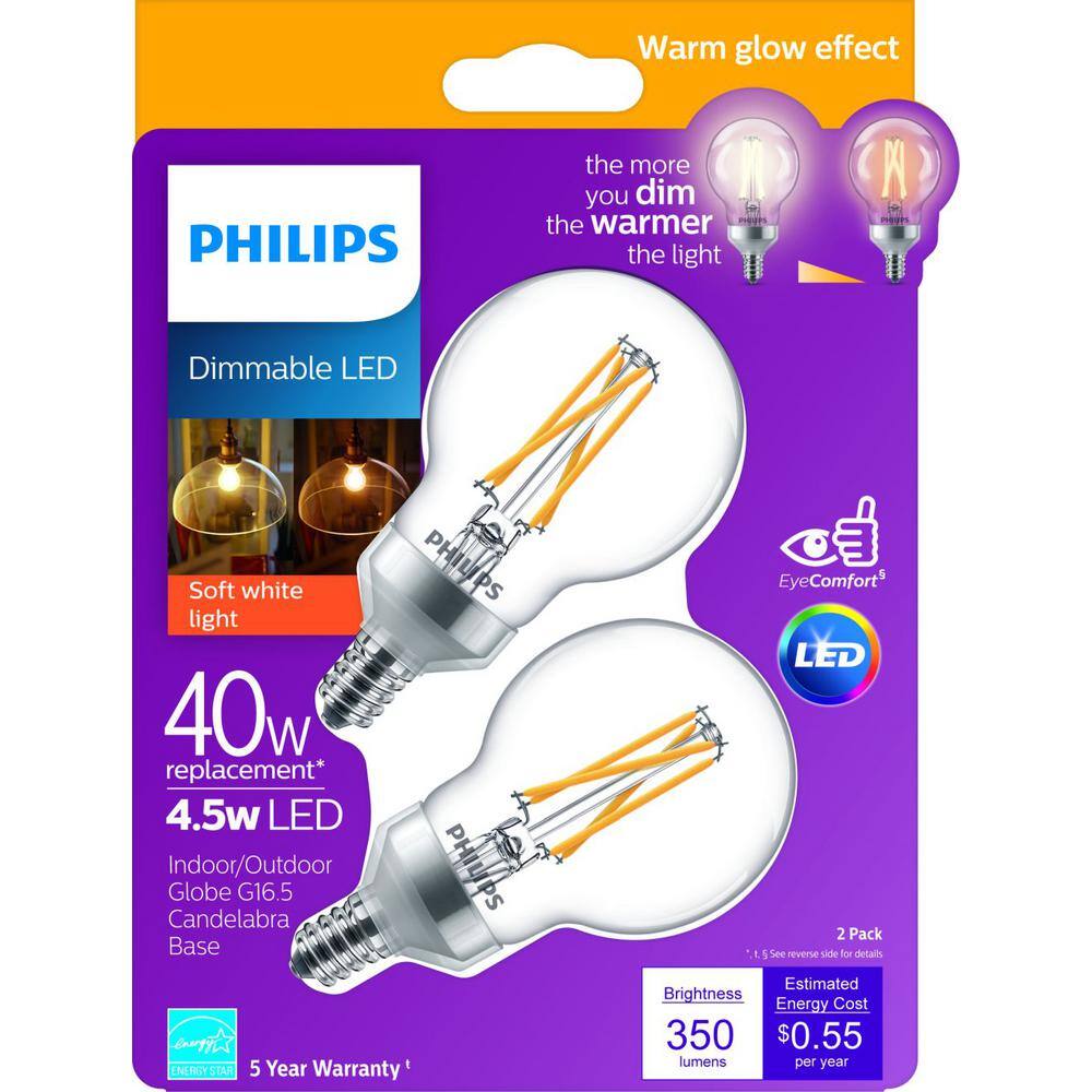 Philips 40-Watt Equivalent G16.5 Dimmable Candelabra Base LED Light Bulb with Dimming Effect, Soft White (4-Pack)