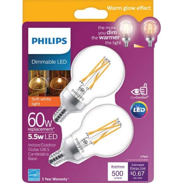 Philips 60-Watt Equivalent G16.5 Dimmable LED Candelabra Base Light Bulb with Warm Glow, Soft White (2-Pack)