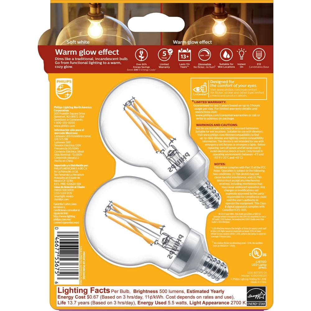 Philips 60-Watt Equivalent G16.5 Dimmable LED Light Bulb with Warm Glow Dimming Effect, Soft White (2-Pack)
