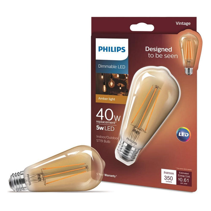 Philips 40-Watt Equivalent ST19 Dimmable Vintage Glass Edison LED Light Bulb, Amber Warm White 2000K (1-Bulb)