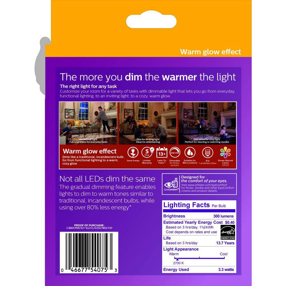 Philips 40-Watt Equivalent Soft White B11 Dimmable Warm Glow Bent Tip E12 Candle LED Light Bulb, 2700K, 3-Pack
