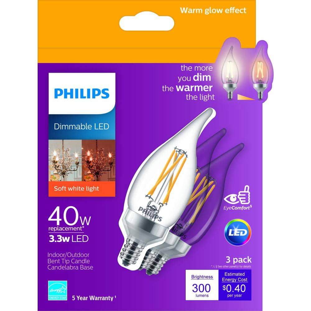 Philips 40-Watt Equivalent B11 Dimmable Warm Glow Bent Tip E12 Candle LED Light Bulb, Soft White 2700K (12-Pack)