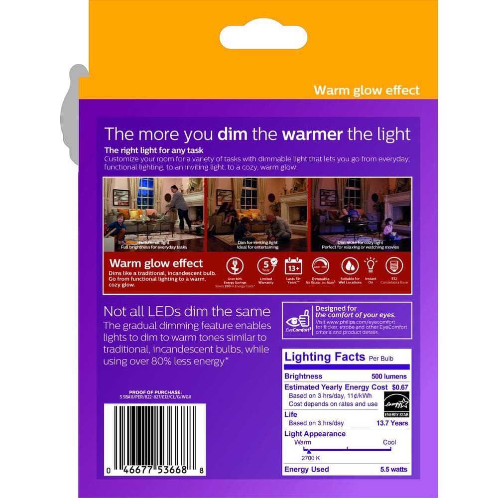 Philips 2700K 60-Watt Equivalent Soft White BA11 Bent Tip E12 Dimmable Warm Glow LED Candle Bulb (3-Pack)