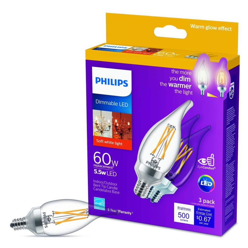 Philips 2700K 60-Watt Equivalent Soft White BA11 Bent Tip E12 Dimmable Warm Glow LED Candle Bulb (3-Pack)