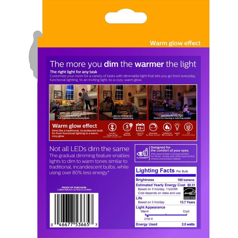 Philips 25-Watt Equivalent BA11 Dimmable Warm Glow LED Candle Light Bulb, Bent Tip, E12, Soft White 2700K (6-Pack)