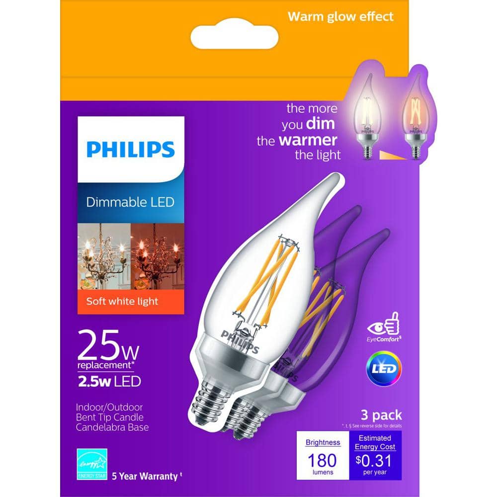 Philips 25-Watt Equivalent B11 Dimmable Warm Glow LED Candle Bulb, Bent Tip, E12 Base, Soft White 2700K, 12-Pack