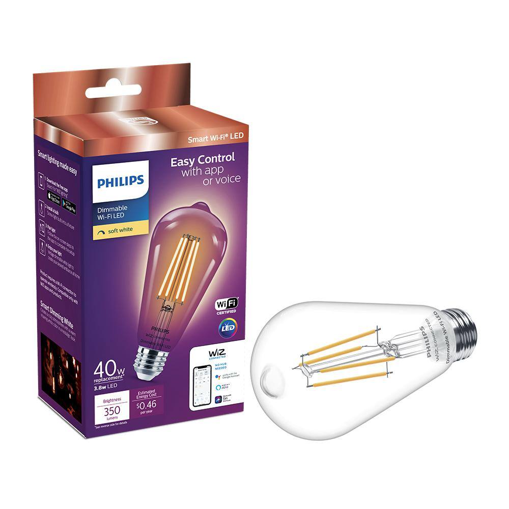 Philips Soft White ST19 LED 40-Watt Equivalent Dimmable Smart Wi‑Fi WiZ Connected Wireless Light Bulb (4‑Pack)