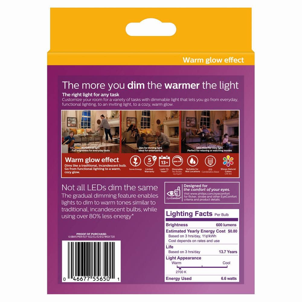 Philips 75-Watt Equivalent BA11 Dimmable Warm Glow LED Candle Bulbs, Bent Tip, E12, Soft White 2700K (12-Pack)
