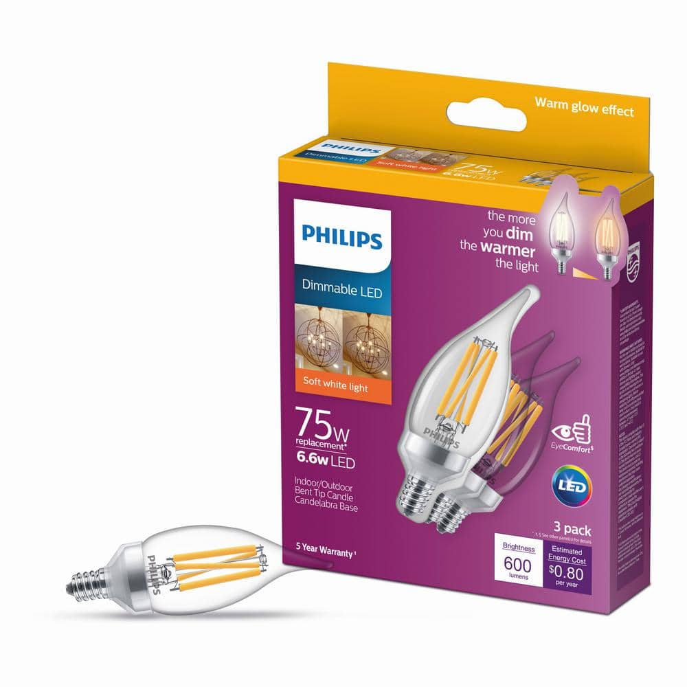 Philips 75-Watt Equivalent BA11 Dimmable Warm Glow LED Candle Bulbs, Bent Tip, E12, Soft White 2700K (12-Pack)