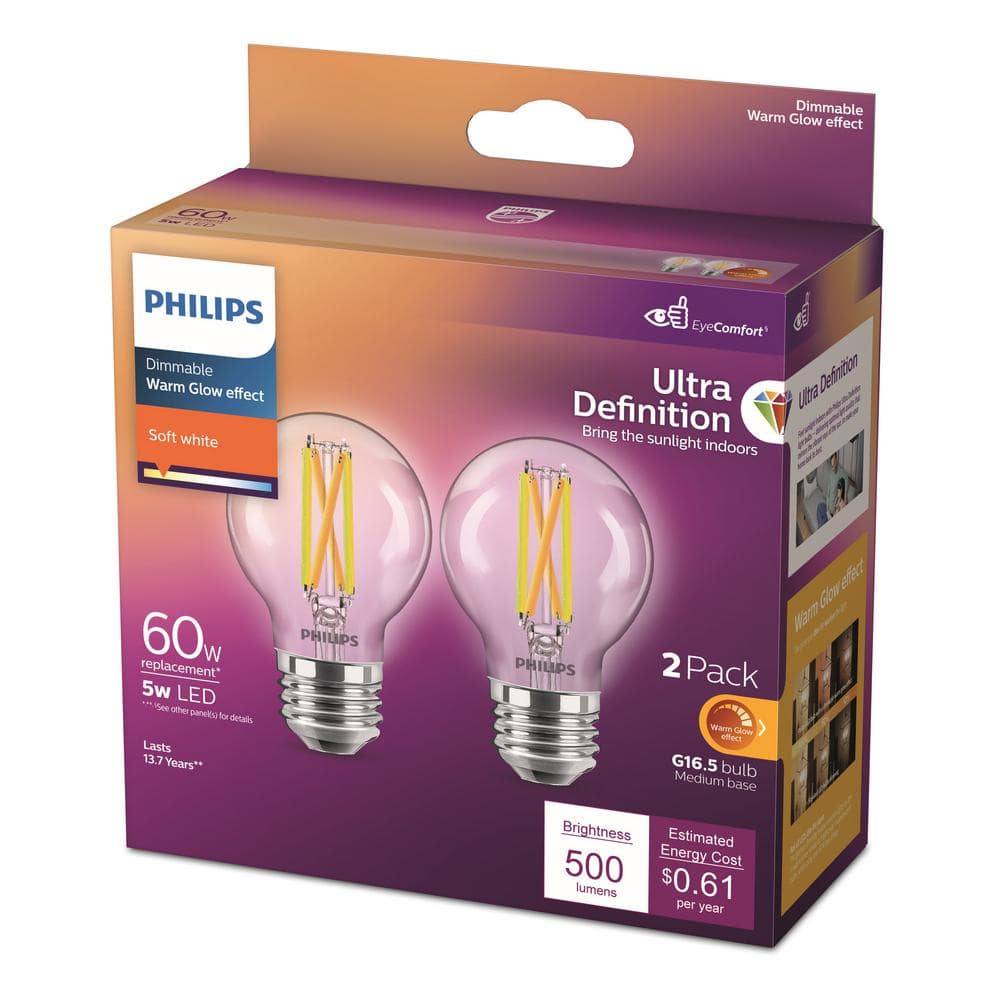 Philips 40-Watt Equivalent G16.5 Dimmable Medium Base LED Light Bulb with Warm Glow, Soft White (2-Pack)