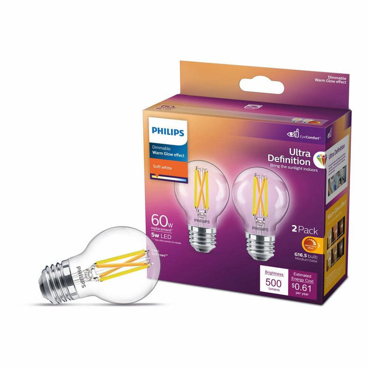 Philips 40-Watt Equivalent G16.5 Dimmable Medium Base LED Light Bulb with Warm Glow, Soft White (2-Pack)