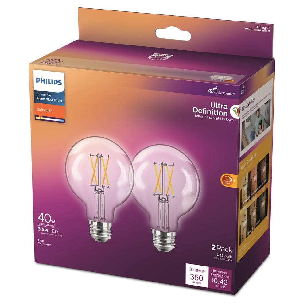 Philips 40-Watt Equivalent G25 Dimmable LED Light Bulb, Clear Glass, Warm Glow Effect, 2700K (2-Pack)