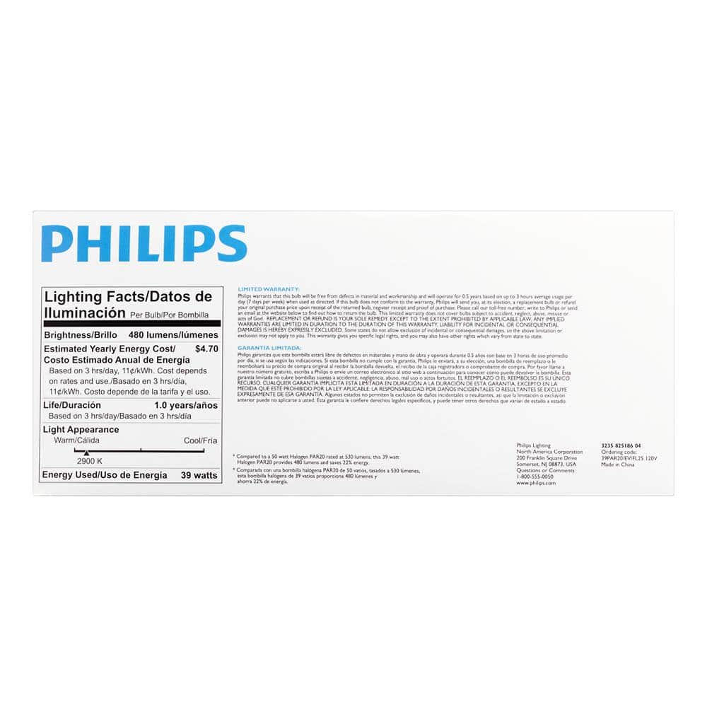 Philips 39-Watt Equivalent Halogen PAR20 Dimmable Flood Light Bulb (4-Pack)