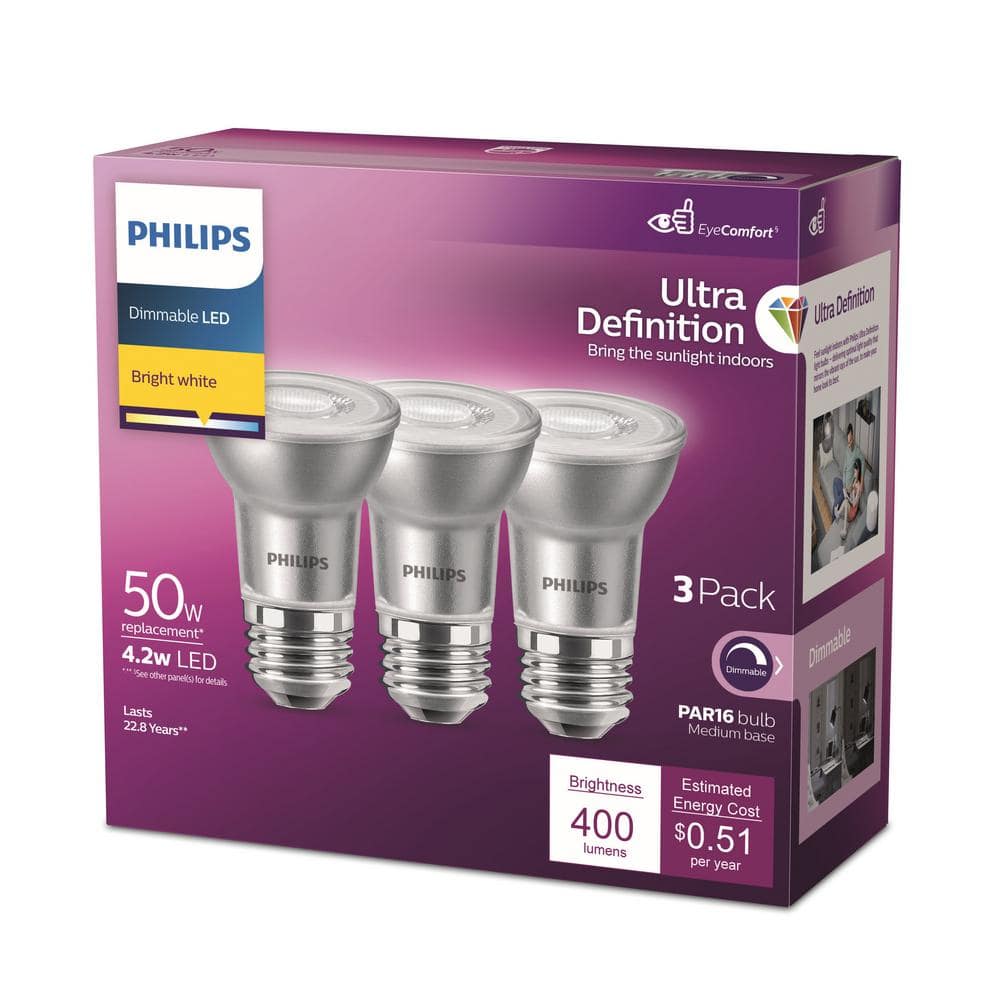 Philips 50-Watt Equivalent PAR16 Dimmable LED Light Bulb, Glass, Bright White (6-Pack)