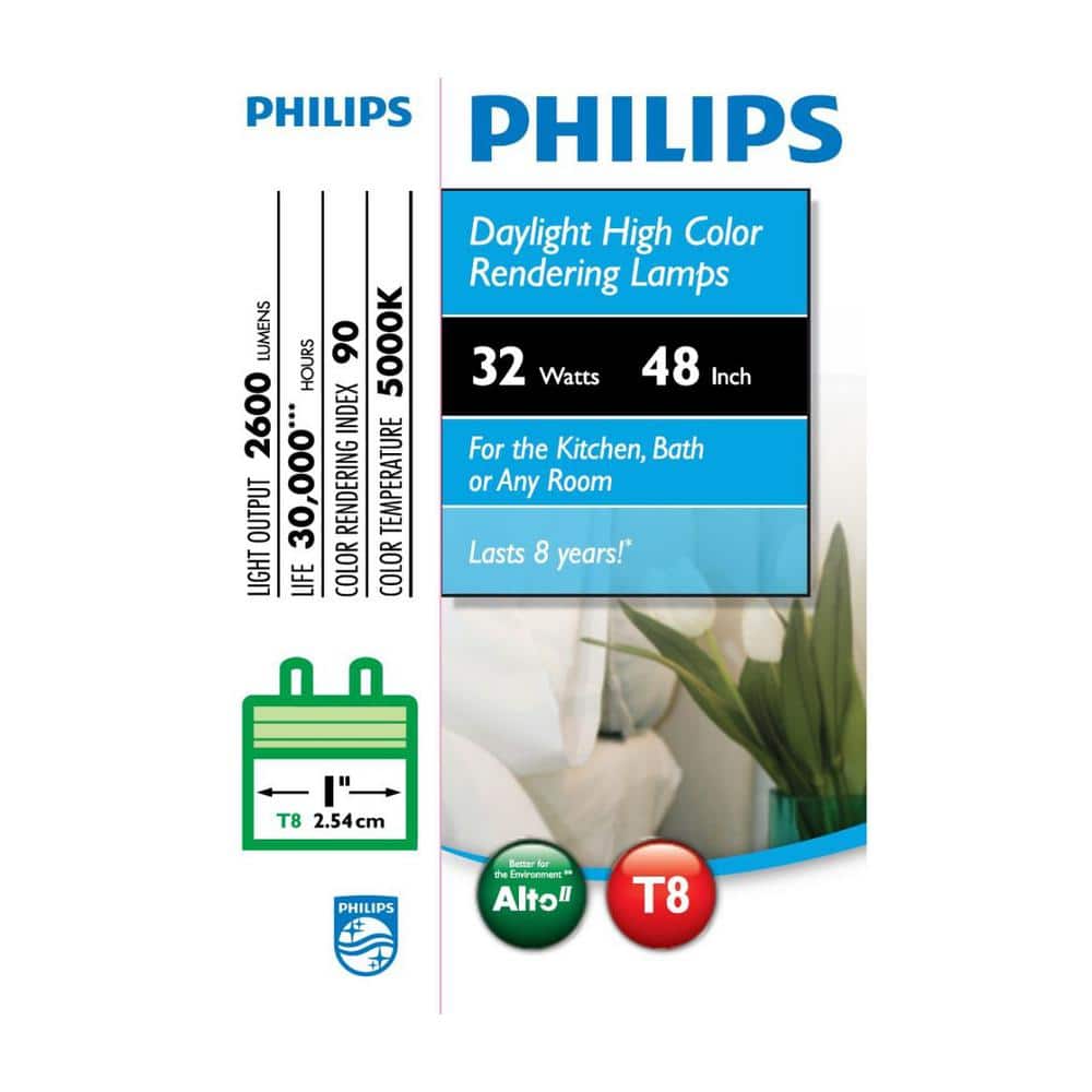 Philips 32-Watt 4 ft. Linear T8 ALTO Fluorescent Tube Light Bulb, Daylight 5000K, 2-Pack