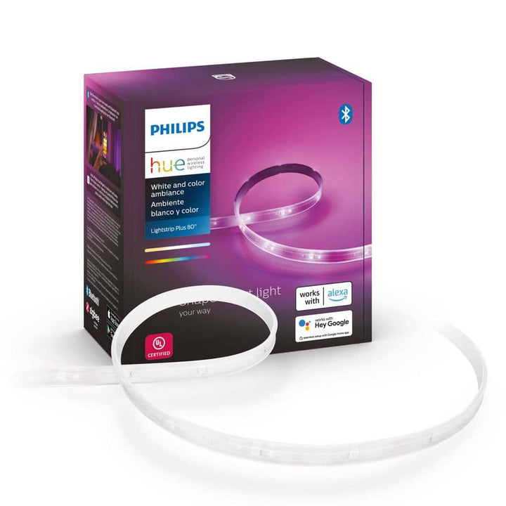 Philips Hue White and Color Ambiance Lightstrip Plus Smart LED, Dimmable, Bluetooth/Zigbee, 80 in (Base Kit)