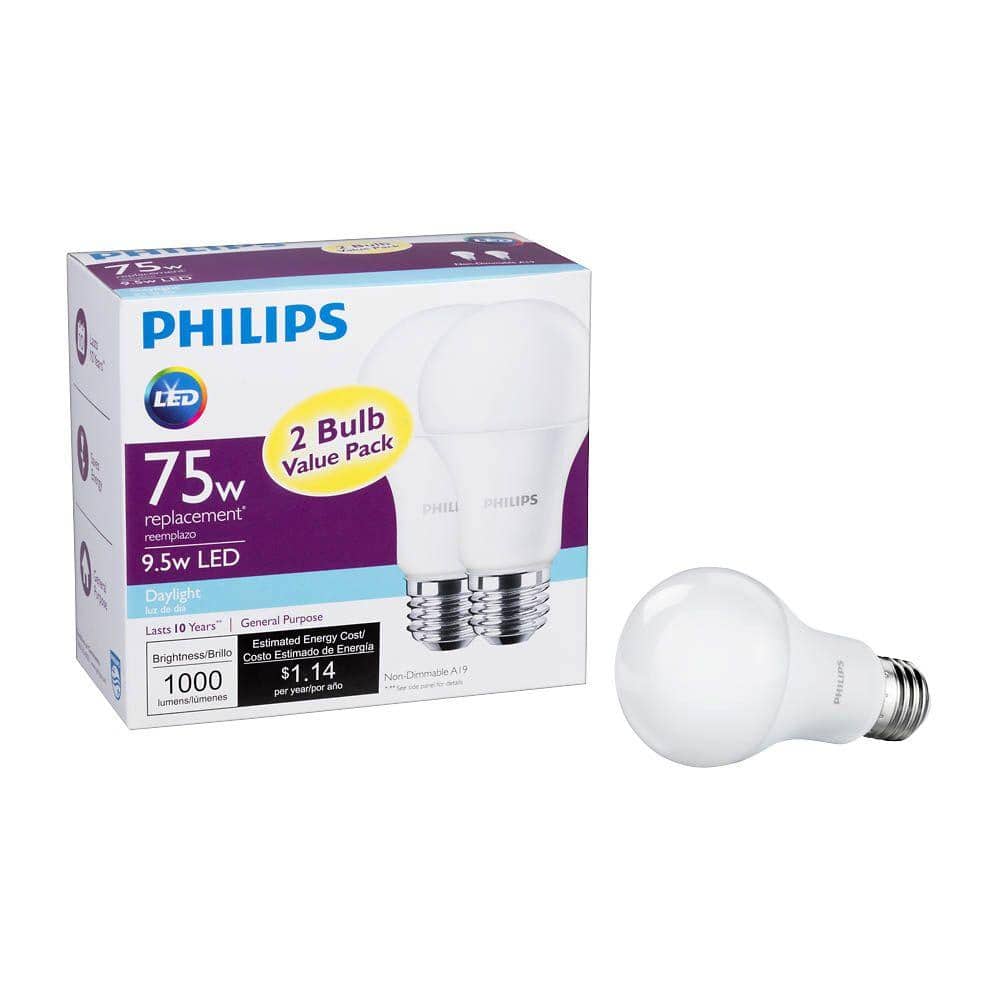 Philips 75-Watt Equivalent A19 Non-Dimmable Energy Saving LED Light Bulb, Daylight 5000K (2-Pack)