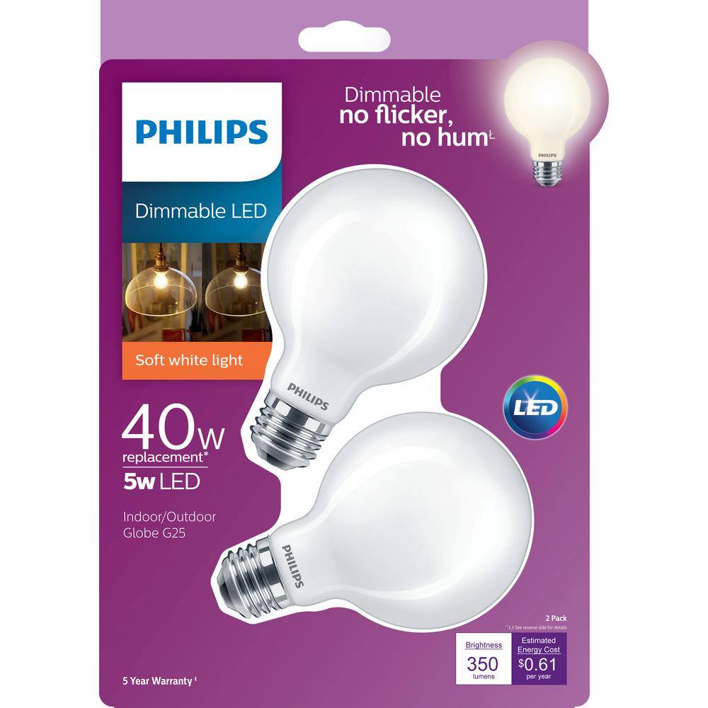 Philips 40-Watt Equivalent G25 Dimmable LED Light Bulb, Soft White, Frosted Globe (2-Pack)