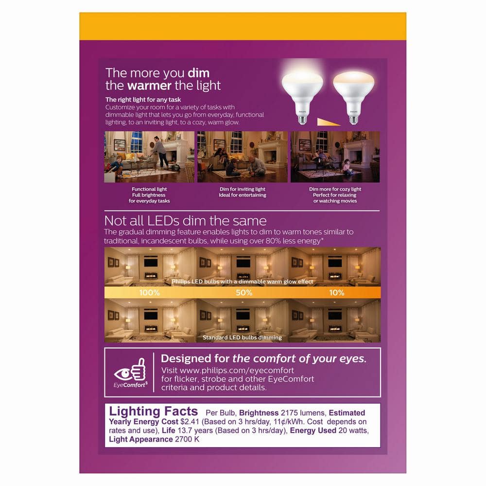 Philips 150-Watt Equivalent BR40 Dimmable LED Bulb with Warm Glow, Soft White 2700K, 4-Pack