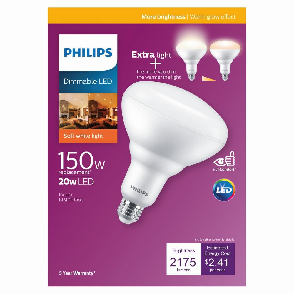 Philips 150-Watt Equivalent BR40 Dimmable LED Bulb with Warm Glow, Soft White 2700K, 4-Pack