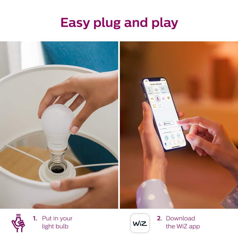 Philips Soft White A19 LED 60-Watt Equivalent Dimmable Smart Wi‑Fi WiZ Connected Light Bulbs (4‑Pack)