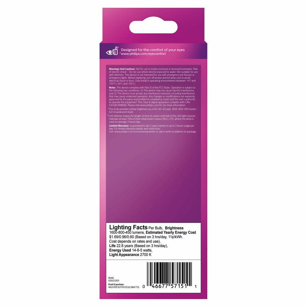 Philips 40/60/100-Watt Equivalent A21 3-Way LED Light Bulb, Soft White 2700K, E26 Medium Base