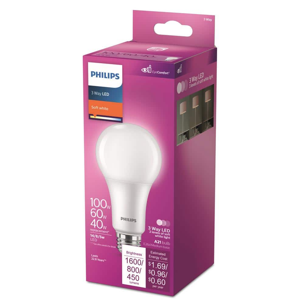 Philips 40/60/100-Watt Equivalent A21 3-Way LED Light Bulb, Soft White 2700K, E26 Medium Base