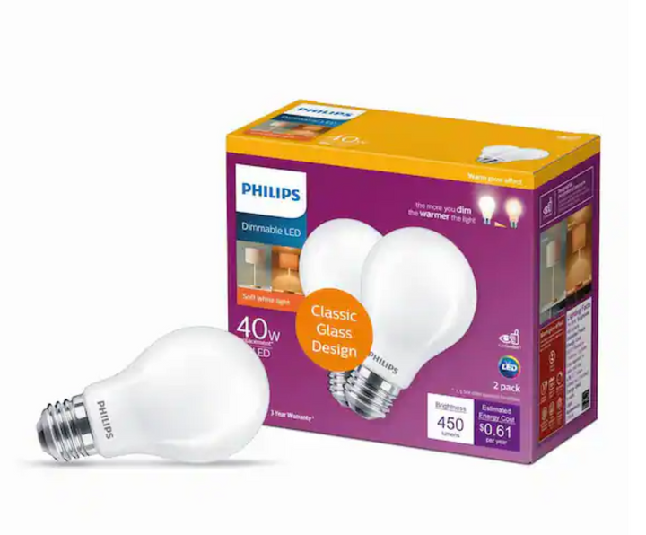 Philips 40-Watt Equivalent A19 Dimmable LED Light Bulb with Warm Glow, Clear Glass, Soft White 2700K, 2-Pack