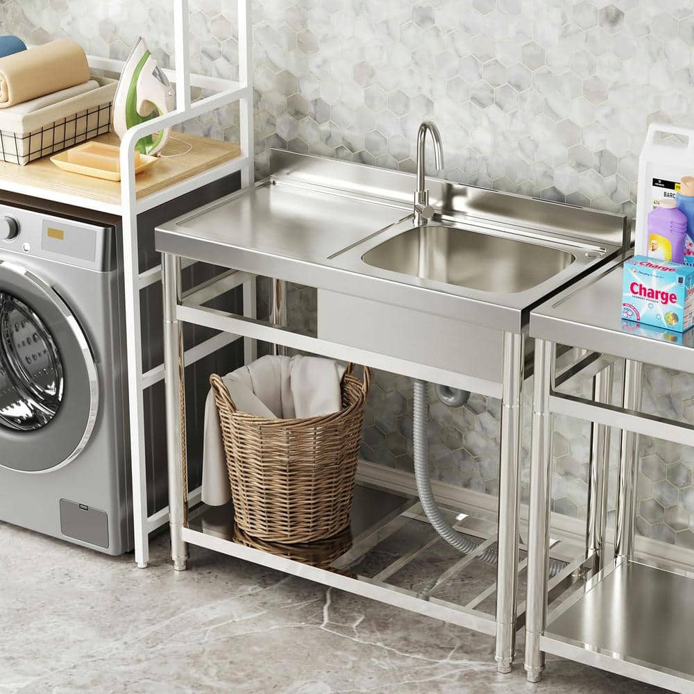 HOMEIBRO 39 in. Free Standing Commercial Restaurant Kitchen Sink, Utility Sink with Workbench and Storage Shelve