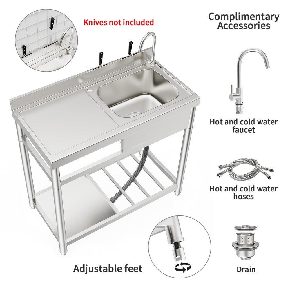 HOMEIBRO 39-inch Freestanding Commercial Utility Sink with Workbench & Storage