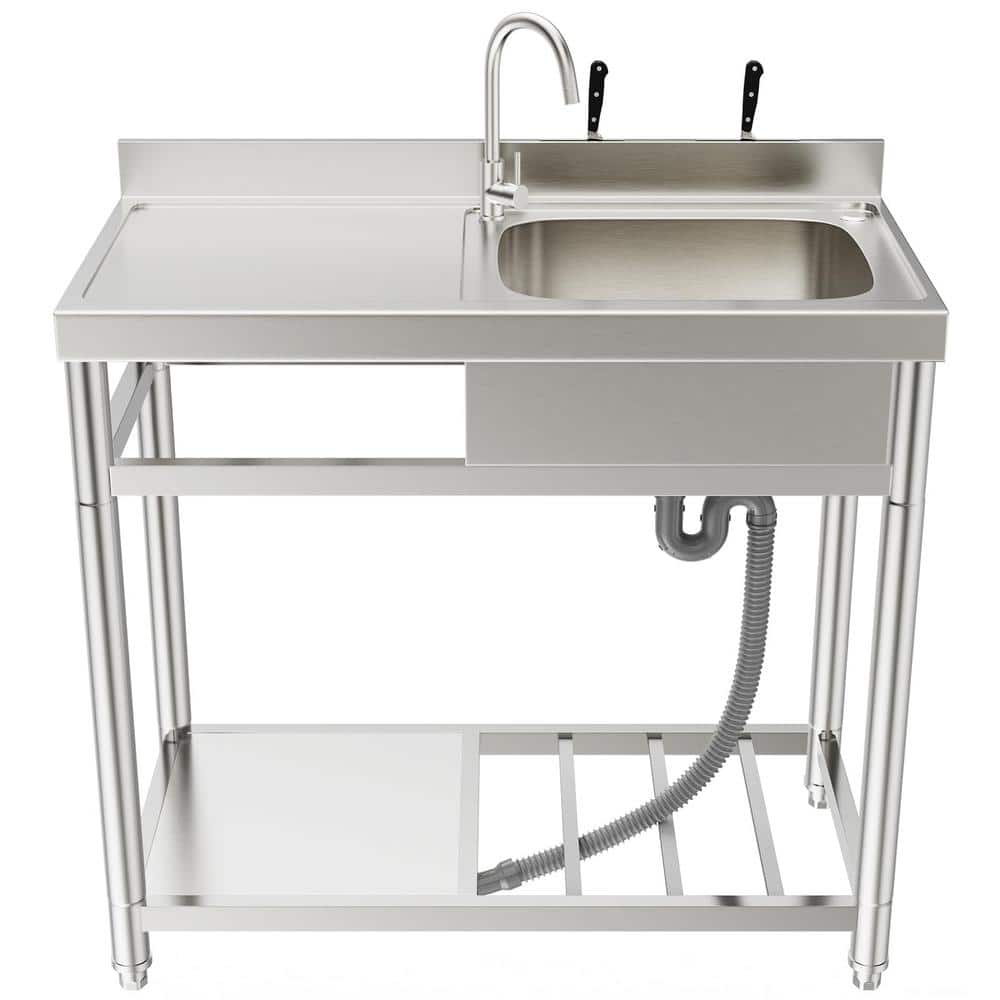 HOMEIBRO 39 in. Free Standing Commercial Restaurant Kitchen Sink, Utility Sink with Workbench and Storage Shelve