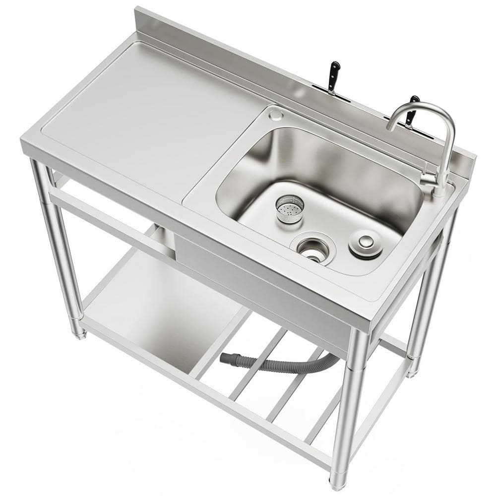 HOMEIBRO 39 in. Free Standing Commercial Restaurant Kitchen Sink, Utility Sink with Workbench and Storage Shelve