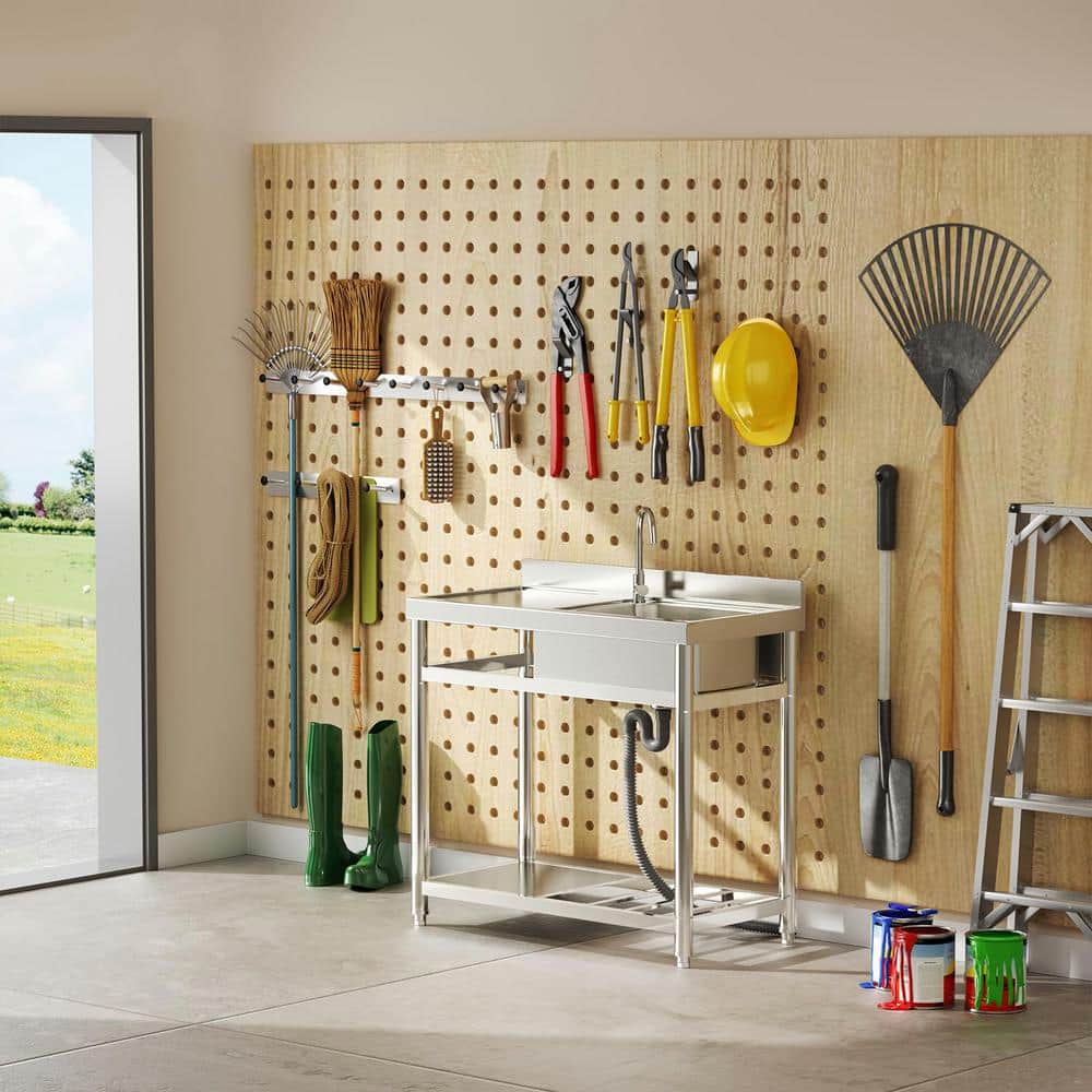 HOMEIBRO 39 in. Free Standing Commercial Restaurant Kitchen Sink, Utility Sink with Workbench and Storage Shelve