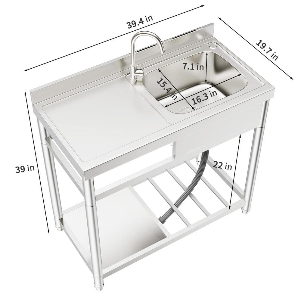 HOMEIBRO 39-inch Freestanding Commercial Utility Sink with Workbench & Storage